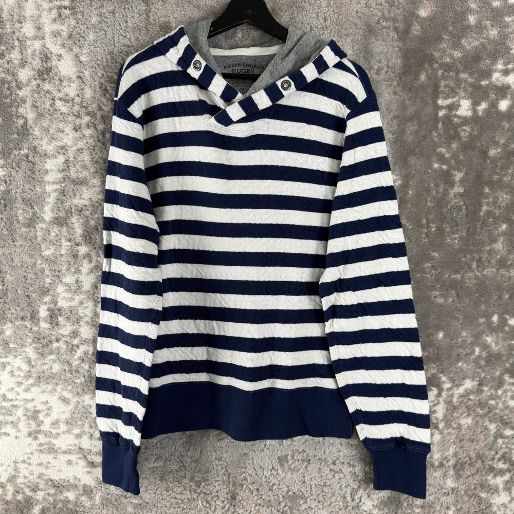 Ralph Lauren Rugby Size M Striped Football Club Hoodie Blue Long Sleeve Womens